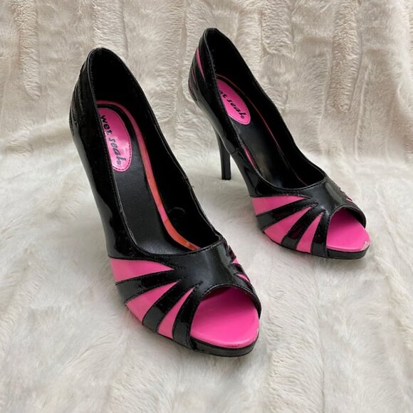 Vintage Monster High Draculaura Inspo Black Pink Peep Toe Stiletto Heels Sz 7.5 - Picture 7 of 11